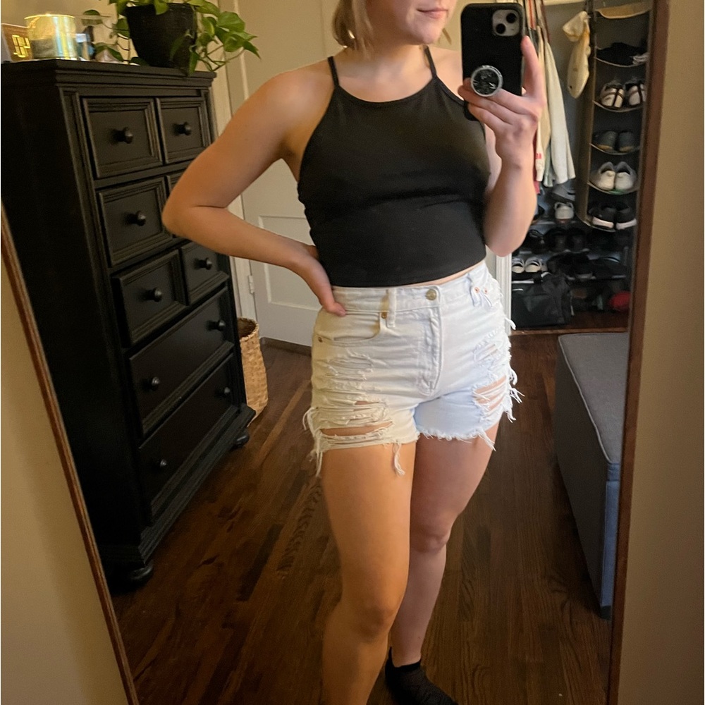AE white denim shorts